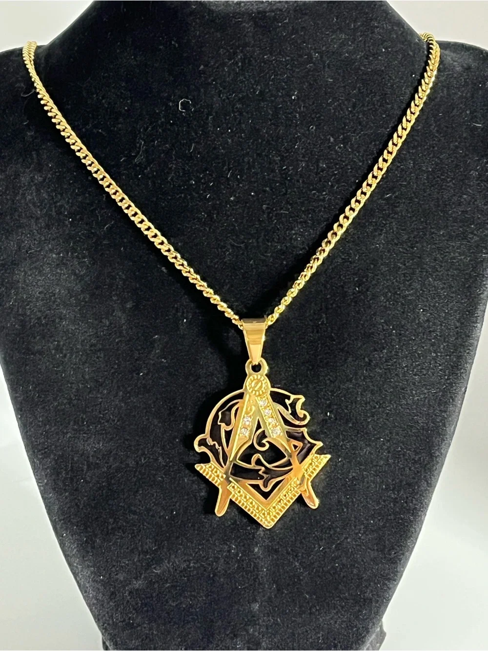 24” Gold over Stainless Steel Masonic Square & Compass Pendant w/ CZ’s Necklace